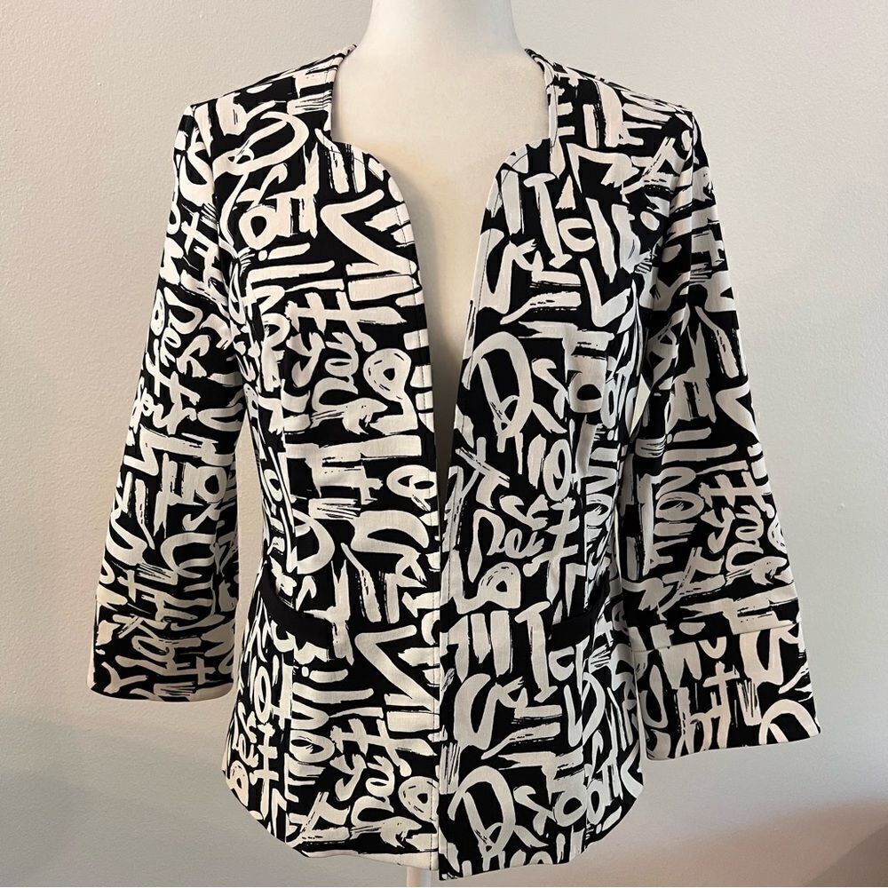Joseph Ribkoff Jacket Blazer Black White Graffiti Size 6 Stretchy 3/4 Sleeve
